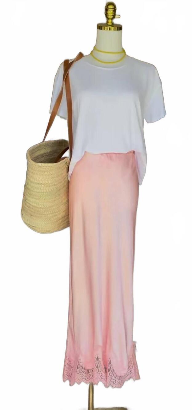 NEW MILIO MILANO women's maxi skirt with lace hem in pink